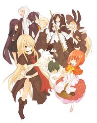  akai_ringo animal black_hair blonde_hair boots closed_eyes crossed_arms dog flat_chest glasses kiriki_alice kiriki_liszt long_hair majolica_le_fay morino_ryoushi ookami-san ookami-san_to_shichinin_no_nakamatachi ookami_ryouko red_eyes red_hair redhead ryuuguu_otohime school_uniform serafuku short_hair skirt smile tsurugaya_otsuu two_side_up uni_(gugurutan) urashima_tarou urashima_tarou_(ookami-san) 