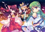  apron bare_shoulders bow braid brown_hair capelet detached_sleeves fingernails gohei green_eyes hair_bow hair_ornament hakurei_reimu hand_on_hat hands hat kirisame_marisa kochiya_sanae long_hair looking_at_viewer multiple_girls night red_eyes shinia side_braid smile touhou undefined_fantastic_object waist_apron wide_sleeves wink witch_hat yellow_eyes 