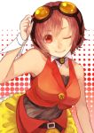  brown_hair cosplay goggles goggles_on_head gumi gumi_(cosplay) meiko oharu red_eyes short_hair skirt smile solo vocaloid wink wrist_cuffs 