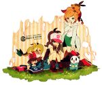  1boy 2girls ;d araragi_(pokemon) bag baseball_cap blue_eyes brown_eyes brown_hair denim denim_shorts english grass green_eyes hat jacket labcoat leaning_forward lying messenger_bag multiple_girls open_mouth orange_hair oru_(hone_oru) oshawott pokemon pokemon_(creature) pokemon_(game) pokemon_black_and_white pokemon_bw ponytail shorts shoulder_bag sitting sitting_on_person skirt smile snivy striped striped_background tepig title_drop touko_(pokemon) touya_(pokemon) vest wink 