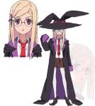  blonde_hair glasses hat hat_with_ears long_sleeves majolica_le_fay necktie ookami-san_to_shichinin_no_nakamatachi open_mouth pantyhose pleated_skirt pointy_shoes purple_eyes sleeves_past_wrist white_pantyhose witch_hat 