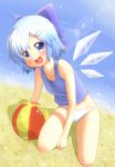  ball beach beachball bikini_bottom blue_eyes blue_hair blush bow cirno hair_bow ice kneeling mokana_natsumi open_mouth sand short_hair smile solo swimsuit tank_top tankini touhou water wings 