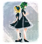  always_and_forever_(vocaloid) back-to-back blonde_hair blue_eyes blue_rose bow choker closed_eyes dress english flower green_hair gumi hair_bow hair_ornament hairclip hands_clasped high_heels kagamine_rin mitsuka multiple_girls profile rose shoes short_hair single_sock socks vocaloid 