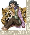  bad_id barefoot black_hair naochika_(spoon) new_year original robe solo sweater tiger yellow_eyes 