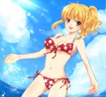  blonde_hair breasts cleavage cloud front-tie_top lens_flare maekawa_suu navel open_mouth polka_dot polka_dot_bikini polka_dot_swimsuit ponytail side-tie_bikini sideboob sky smile solo splash swimsuit umineko_no_naku_koro_ni underboob ushiromiya_jessica 