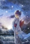  blue_eyes costume double_bun froslass highres japanese_clothes kimono personification pokemon purple_hair rifsom smile snow solo 