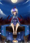  head_wings highres horns japanese_clothes luckyaiyuwen moon multicolored_hair omega_(endsunrise) red_eyes sandals short_hair solo tokiko_(touhou) touhou wings 