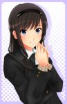  1girl amagami black_hair blazer blue_eyes blush face hairband kishida-shiki long_hair morishima_haruka school_uniform smile solo sweater 