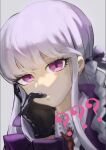  1girl ashi_otoko_kyakuo bangs black_gloves bow braid collared_shirt commentary_request dangan_ronpa:_trigger_happy_havoc dangan_ronpa_(series) eyebrows_visible_through_hair face gloves grey_background hair_ribbon hand_on_own_chin hand_up kirigiri_kyouko long_hair long_sleeves necktie purple_hair ribbon shiny shiny_hair shirt solo violet_eyes white_shirt 