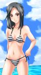  black_hair brown_eyes original short_hair solo striped striped_bikini striped_swimsuit swimsuit tan tanline yoshimo_(yoshimo) 