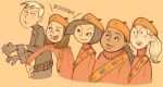  4girls blonde_hair brown_eyes brown_hair buck_teeth character_request closed_eyes conoghi dark_skin disney english freckles glasses gloves hat kim_possible open_mouth pale_skin pixie_scouts ponytail ronald_stoppable short_hair simple_background sketch smile sweater uniform 