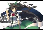  brown_hair cape closed_eyes eyes floating_hair hair_bow large_bow letterboxed long_hair nichi_doriimu pocket_watch reiuji_utsuho smile solo touhou watch wind_lift wings 