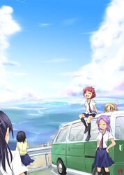  blonde_hair closed_eyes cloud clouds ds_(artist) glasses green_eyes kajiki_yumi kanbara_satomi kneehighs necktie ocean purple_hair red_hair redhead saki school_uniform senoo_kaori short_hair skirt sky smile socks touyoko_momoko tsuyama_mutsuki water 