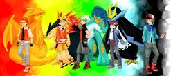  5boys alternate_costume bad_id baseball_cap beanie beret charizard empoleon gold_(pokemon) gold_(pokemon)_(remake) hat holding holding_poke_ball kouki_(pokemon) kouki_(pokemon)_(remake) male multiple_boys poke_ball pokemon pokemon_(creature) pokemon_(game) pokemon_black_and_white pokemon_bw pokemon_dppt pokemon_gsc pokemon_rgby pokemon_rse rainbow_background red_(pokemon) red_(pokemon)_(classic) swampert touya_(pokemon) typhlosion uncom yuuki_(pokemon) 