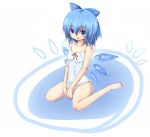  aokichi bad_id bare_shoulders barefoot blue_eyes blue_hair blush bow camisole cirno error hair_bow ice short_hair sitting solo strap_slip touhou wariza water wings 