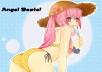  ass bent_over bikini flower hat hibiscus long_hair pink_eyes pink_hair popsicle solo straw_hat swimsuit taruto_(taruto827) twintails yui_(angel_beats!) 