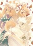  2girls ;) animal_ears blonde_hair brown_eyes closed_mouth commentary_request dress fox_ears fox_girl fox_mask fox_tail hat highres jumpsuit kudamaki_tsukasa looking_at_viewer mask mob_cap multiple_girls one_eye_closed sasa6666s short_hair smile tabard tail touhou white_dress white_footwear white_headwear white_jumpsuit yakumo_ran 