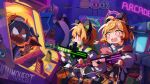  3girls animal_ear_headphones animal_ears blonde_hair blue_archive cat_tail dofus_(icyboon) fake_animal_ears green_halo halo headphones highres long_hair mechanical_halo midori_(blue_archive) momoi_(blue_archive) multiple_girls open_mouth pink_halo purple_hair red_eyes scared short_hair siblings sisters tail twins yuuka_(blue_archive) 