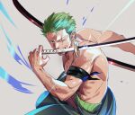  1boy bandana bandana_around_arm black_bandana brown_hair earrings fighting_stance green_hair grey_background highres jewelry male_focus mouth_hold multiple_swords one_piece pectorals roronoa_zoro scar scar_across_eye short_hair solo sword tobu_0w0 topless_male v-shaped_eyebrows veins veiny_arms weapon 