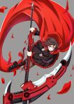  1girl bakuma black_dress black_footwear boots brown_hair cloak dress highres holding holding_scythe holding_weapon knee_boots looking_at_viewer multicolored_hair red_cloak red_trim redhead ruby_rose rwby scythe short_hair smile solo streaked_hair weapon 