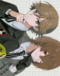  2boys aged_up akechi_gorou amada_ken armband black_gloves black_jacket black_ribbon brown_eyes brown_hair collared_shirt gekkoukan_high_school_uniform gloves grey_jacket highres jacket long_sleeves looking_at_viewer male_focus multiple_boys neck_ribbon necktie one_eye_closed persona persona_3 persona_4:_the_ultimate_in_mayonaka_arena persona_4:_the_ultimax_ultra_suplex_hold persona_5 pswlv05 red_eyes ribbon school_uniform shirt sideways white_shirt 