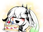  1girl absurdres birthday_cake cake cake_slice candle closed_eyes commentary_request food genshin_impact green_hair highres korean_commentary multicolored_hair nahida_(genshin_impact) plate short_hair side_ponytail simple_background smile solo uncolorcube upper_body white_background white_hair 