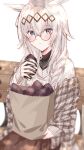  1girl :3 absurdres ahoge alternate_costume animal_ears bag bespectacled blue_eyes blurry blurry_foreground blush brown_skirt closed_mouth commentary_request food glasses grey_hair hair_ornament highres holding holding_bag holding_food horse_ears horse_girl long_hair long_sleeves looking_at_viewer multicolored_hair oguri_cap_(umamusume) paper_bag roasted_sweet_potato round_eyewear simple_background sitting skirt solo steaming_food streaked_hair sweater sweet_potato tetora_(oudonoishiize) umamusume white_background wooden_bench 