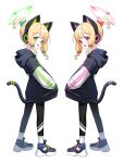  2girls animal_ear_headphones animal_ears black_footwear black_jacket black_pantyhose blonde_hair blue_archive blush bow cat_tail clothes_writing fake_animal_ears full_body green_bow green_eyes green_halo hair_bow halo headphones highres honi_(honi1010) hood hooded_jacket jacket long_sleeves midori_(blue_archive) momoi_(blue_archive) multiple_girls open_mouth pantyhose pink_halo red_bow red_eyes shoes short_hair siblings simple_background sisters smile tail twins white_background 