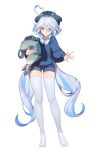  1girl absurdres ahoge alternate_costume blue_eyes blue_hair closed_mouth ebibi_chiriri full_body furina_(genshin_impact) genshin_impact heterochromia highres holding holding_stuffed_toy light_blue_hair long_hair long_sleeves looking_at_viewer multicolored_hair no_shoes seal_hat sidelocks simple_background smile solo standing streaked_hair stuffed_animal stuffed_toy thigh-highs two-tone_hair white_background white_thighhighs 
