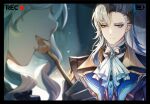  1boy 1girl ascot blue_hair closed_mouth eating feather_hair_ornament feathers fork furina_(genshin_impact) genshin_impact gloves grey_hair guzangnanfeng hair_between_eyes hair_ornament highres holding holding_fork light_blue_hair long_hair looking_at_another multicolored_hair neuvillette_(genshin_impact) open_mouth outdoors sidelocks smile snow snowing streaked_hair upper_body violet_eyes white_ascot white_gloves 