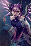  1girl bodysuit clock clock_tower dark_persona demon_horns facial_mark floating forehead_mark glowing glowing_wings hair_between_eyes highres horns imp_mercy lipstick looking_at_viewer makeup mechanical_wings mercy_(overwatch) open_mouth overwatch overwatch_1 pink_eyes purple_hair purple_lips purple_wings solo tobu_0w0 tower wings 