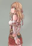  1girl blonde_hair closed_mouth collarbone commentary_request detached_sleeves fiora_(xenoblade) green_eyes hifumi_(aiueonigiri) highres long_hair looking_at_viewer midriff miniskirt simple_background skirt smile solo xenoblade_chronicles_(series) xenoblade_chronicles_1 