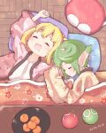  2girls amitie_(puyopuyo) bowl closed_eyes closed_mouth collarbone dated drooling food fruit green_hair highres indoors japanese_clothes jazz_grace kotatsu lidelle_(puyopuyo) lying mouth_drool multiple_girls on_back on_side orange_(fruit) pillow pointy_ears puyo_(puyopuyo) puyopuyo puyopuyo_fever red_headwear sleeping smile table unworn_headwear wooden_floor yellow_horns 