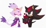  1boy 1girl animal_ears black_fur black_suit blaze_the_cat cat_ears cat_girl cat_tail chao_(sonic) dark_chao eyelashes forehead_jewel fur-trimmed_gloves fur_trim gloves gold_necklace jacket jewelry motobug necklace ponytail purple_fur purple_jacket red_eyes red_fur shadow_the_hedgehog simple_background sonic_(series) suit tail two-tone_fur white_background white_gloves yellow_eyes 