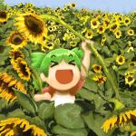  &gt;_&lt; 1girl absurdres arm_up closed_eyes day facing_viewer field flower flower_field green_hair happy highres holding holding_flower koiwai_yotsuba leaf open_mouth outdoors quad_tails red_shirt shirt short_sleeves signature smile solo sunflower sunflower_field vinoburrito yellow_flower yotsubato! 