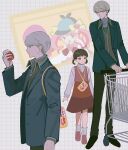  1boy 1girl absurdres black_hair black_pants blue_jacket doujima_nanako dress food grey_eyes grey_hair highres holding holding_food jacket long_sleeves narukami_yuu pants persona persona_4 pswlv05 shopping_cart short_twintails simple_background socks standing sweater turtleneck turtleneck_sweater twintails 