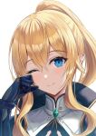  1girl absurdres blonde_hair blue_eyes blue_gloves closed_mouth commentary_request genshin_impact gloves hair_between_eyes head_tilt highres jean_(genshin_impact) long_hair looking_at_viewer one_eye_closed otabaaa ponytail portrait simple_background smile solo tears white_background 