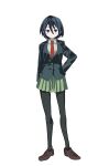 1girl absurdres arm_at_side arm_behind_back black_hair black_jacket black_pantyhose blue_eyes closed_mouth collared_shirt commentary_request expressionless full_body green_skirt highres jacket kakuriyo_rei kuroshio_current long_sleeves looking_at_viewer necktie okabayashi_saki pantyhose pleated_skirt red_necktie sanpaku shirt short_hair simple_background skirt solo standing tachi-e white_background white_shirt