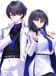  1boy 1girl absurdres ahoge black_hair blue_archive blush closed_mouth female_sensei_(blue_archive) hair_between_eyes highres long_hair ninoude_(ninoude44) sensei_(blue_archive) short_hair simple_background smile violet_eyes white_background 