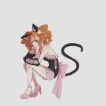  1girl :p animal_ears arm_warmers back_bow bell black_dress blue_eyes bow cat_ears cat_tail dress full_body geboku_(gbktst) grey_background high_heels highres idolmaster idolmaster_(classic) large_bow looking_at_viewer medium_hair neck_bell orange_hair pink_bow pink_dress pink_footwear short_dress simple_background sitting smile solo tail takatsuki_yayoi tongue tongue_out twintails two-tone_dress 