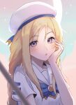  1girl absurdres alicia_florence aqua_background aria_(manga) aria_company_uniform beret blonde_hair blue_bow blue_bowtie blue_ribbon blurry blurry_foreground blush bow bowtie braid braided_ponytail commentary eyelashes gold_trim gradient_background hair_between_eyes hand_on_own_face hand_up hat hat_ribbon highres long_hair looking_at_viewer multicolored_background open_mouth oppaniichan pink_background purple_background ribbon sailor_collar short_sleeves sidelocks solo upper_body violet_eyes white_headwear 