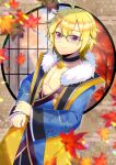  1boy ahoge autumn_leaves black_choker blonde_hair blue_kimono blurry blurry_foreground choker closed_mouth commentary_request commission crescent depth_of_field glasses hair_between_eyes indie_virtual_youtuber japanese_clothes kakeru_michi kimono kou_hiyoyo leaf long_sleeves looking_at_viewer male_focus maple_leaf round_window skeb_commission sleeves_past_wrists smile solo violet_eyes virtual_youtuber wide_sleeves window 