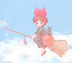  1girl animal bag black_cat black_dress black_eyes blush bow broom broom_riding brown_hair cat clouds day dress hair_bow jiji_(majo_no_takkyuubin) kiki_(majo_no_takkyuubin) majo_no_takkyuubin oomiya_yuu red_bag red_footwear short_hair sky 