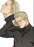  albert_wesker blonde_hair blue_eyes closed_eyes closed_mouth earrings highres jewelry muscular muscular_male non-web_source resident_evil shirt tatsumi_(psmhbpiuczn) turtleneck 