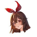  1girl amber_(genshin_impact) bow bow_hairband brown_hair eyebrows_hidden_by_hair genshin_impact hair_between_eyes hair_bow hairband kokollet long_hair open_mouth portrait red_bow red_eyes red_hairband simple_background solo straight_hair white_background 