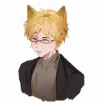  1boy animal_ears atou_haruki bespectacled black_jacket blonde_hair brown_sweater chinese_commentary closed_eyes commentary_request fox_boy fox_ears glasses highres jacket kemonomimi_mode male_focus open_clothes open_jacket open_mouth saibou_shinkyoku short_hair simple_background smile solo sweater turtleneck turtleneck_sweater white_background yeyesongbing 