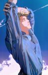  1boy absurdres arms_up blonde_hair blue_sky closed_eyes clouds cloudy_sky collared_shirt highres jujutsu_kaisen kyuuba_melo long_sleeves male_focus mature_male nanami_kento relaxing shirt short_hair sky solo stretching upper_body 