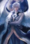  1boy angel_wings bishounen brooch cardcaptor_sakura closed_mouth crossed_arms earrings feathered_wings grey_eyes hair_between_eyes highres jewelry large_wings long_hair looking_at_viewer male_focus pants robe solo tobu_0w0 very_long_hair white_hair white_robe white_wings wings yue_(cardcaptor_sakura) 