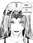  00osamio00 1girl collarbone commentary elden_ring english_text eyelashes greyscale highres jujutsu_kaisen long_hair looking_at_viewer meme monochrome nah_i&#039;d_win_(meme) queen_marika_the_eternal smile solo speech_bubble spoilers tiara 