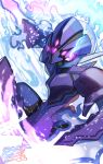  absurdres blue_fire blurry ceruledge commentary eye_trail fire flaming_eye highres light_trail nez-box pointy_ears pokemon pokemon_(creature) sideways_glance signature solo violet_eyes 